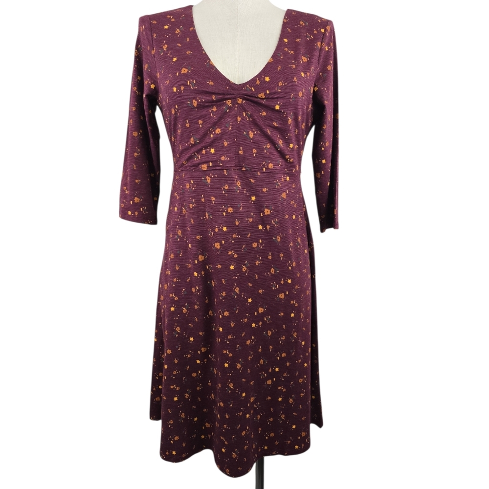 Toad&Co Rosalinda Dress Women's Medium Burgandy Red Floral 3/4 Sleeve Knit